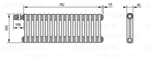 Схема (чертеж) Радиатор Zehnder Charleston 2035/17 №V012 Белый глянцевый RAL 9016